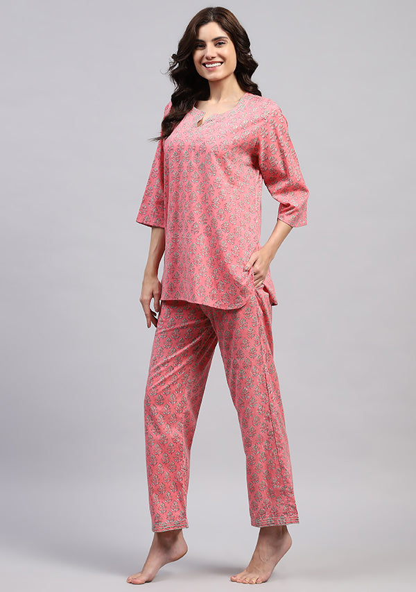 Pink Green Floral Hand Block Printed Cotton Night Suit with Trimmings