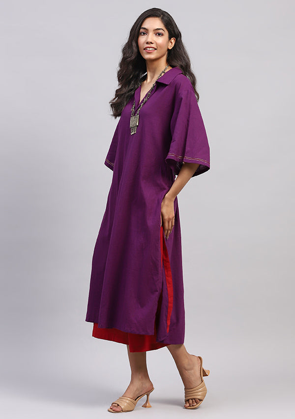 Mauve Collared Co-ord Set  with Contrast Red Pants