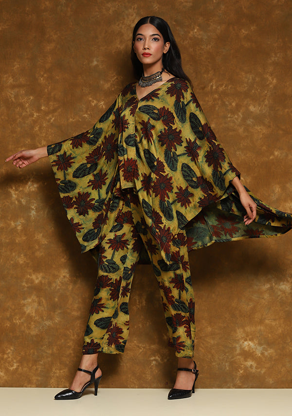 Mustard Green Hand Block Printed Asymmetric Modal Co-ord Set
