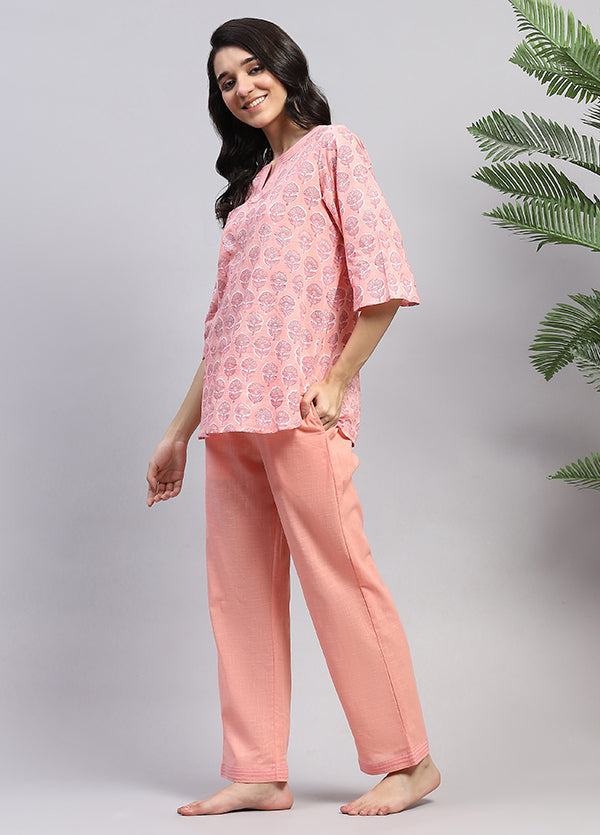 Peach Pink Floral Hand Block Printed Cotton Night Suit