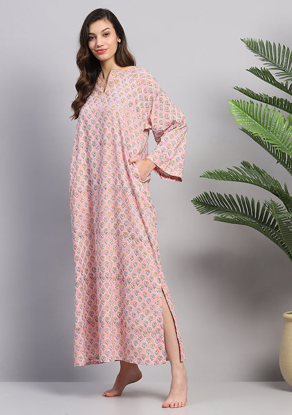 Pink Yellow Hand Block Printed Floral Nighty Kaftan with Stitch Lines