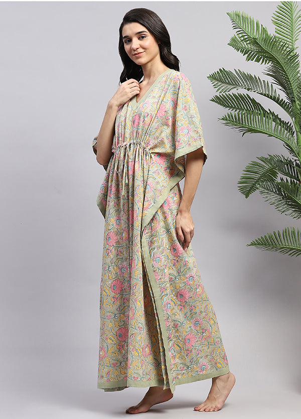 Soft Green Pink Floral Hand Block Printed Tie-Up Waist Cotton Kaftan
