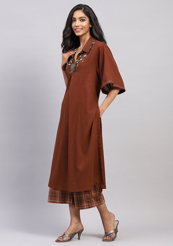 Chocolate Brown Collared Co-ord Set Paired With Check Pants