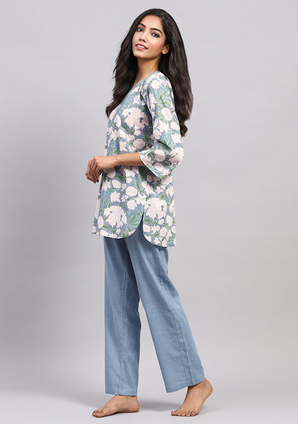 Smoke Blue Pink Hand Block Printed Floral Cotton Night Suit