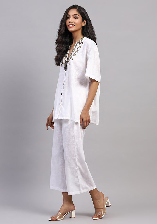 White Front Open Cotton Co-ord Set With Pants