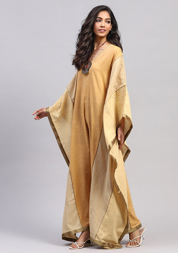 Flowy Kaftan in Earthy Colors and Bronze Tissue Trimmings