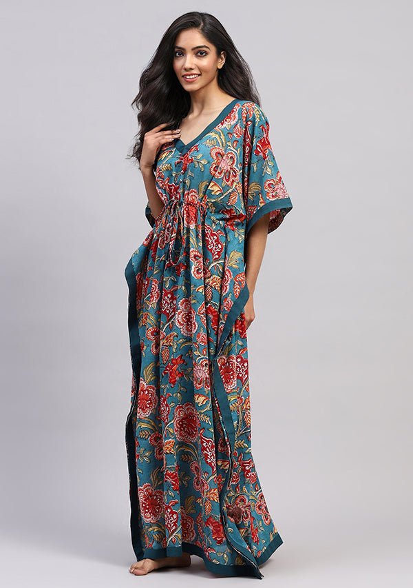 Teal Red Floral Hand Block Printed Tie-Up Waist Cotton Kaftan