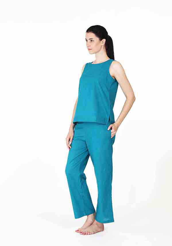 Turquoise Cotton Yoga Wear With Sleeves