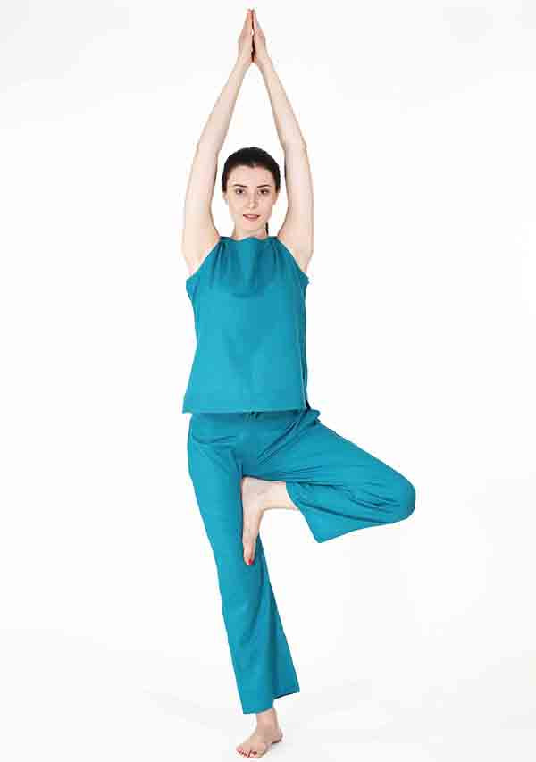 Turquoise Cotton Yoga Wear With Sleeves