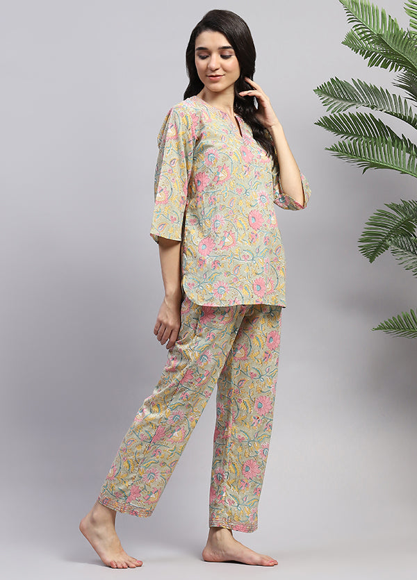 Soft Green Pink Floral Hand Block Printed Cotton Night Suit