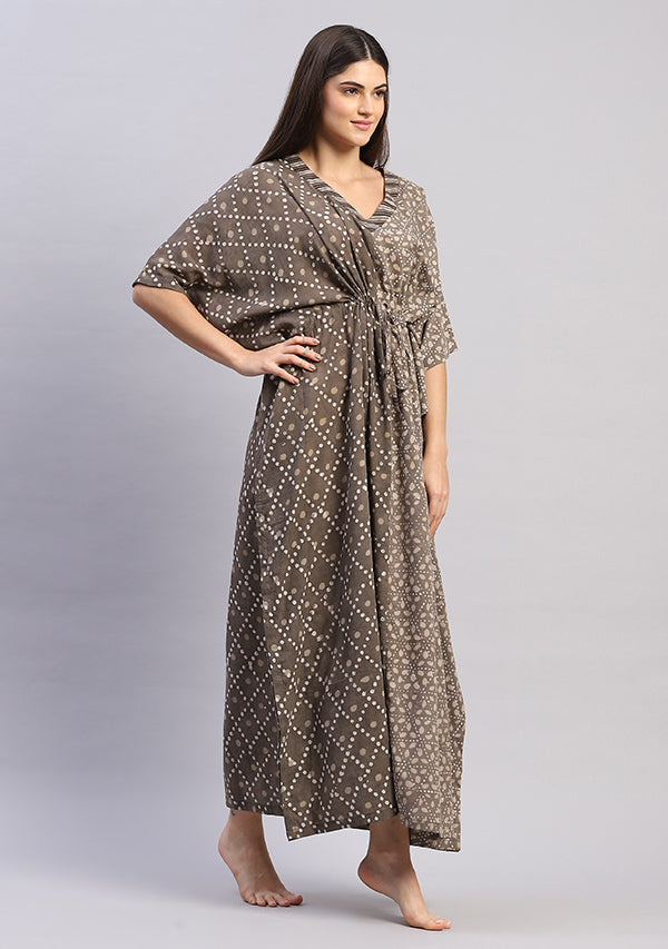 Grey Beige Hand Block Printed Tie-Up Waist Cotton Kaftan