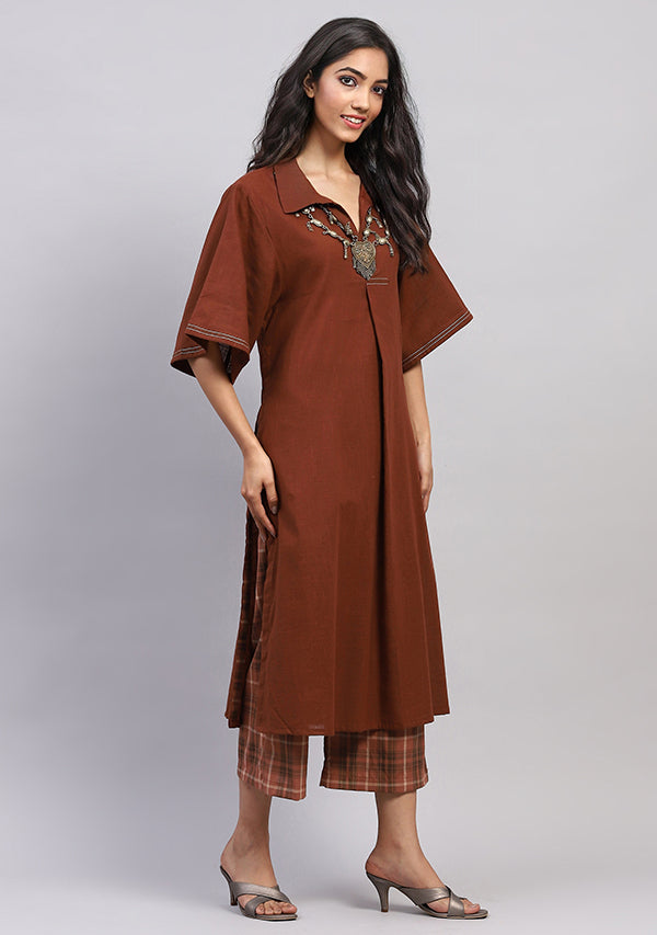 Chocolate Brown Collared Co-ord Set Paired With Check Pants