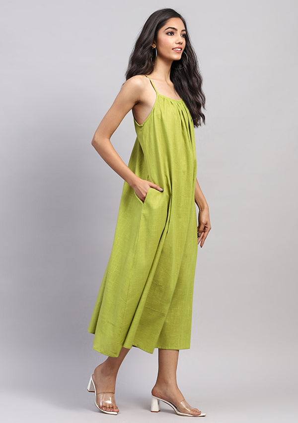 Olive Green Sleeveless Cotton Strap Dress