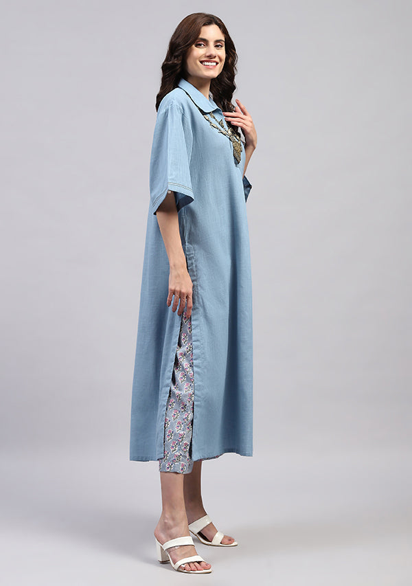 Smoke Blue Collared Co-ord Set with Printed Pants