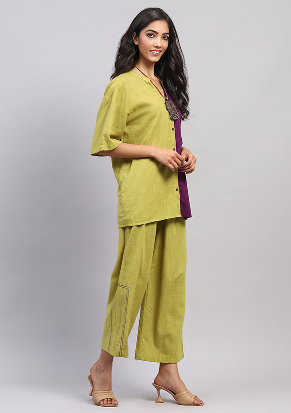 Olive Green Mauve Front Open Cotton Co-ord Set  with Pants