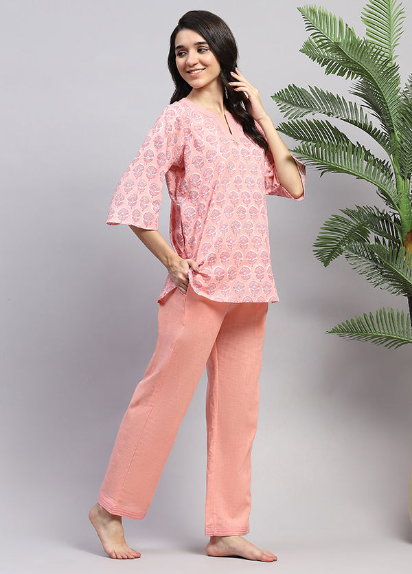 Peach Pink Floral Hand Block Printed Cotton Night Suit