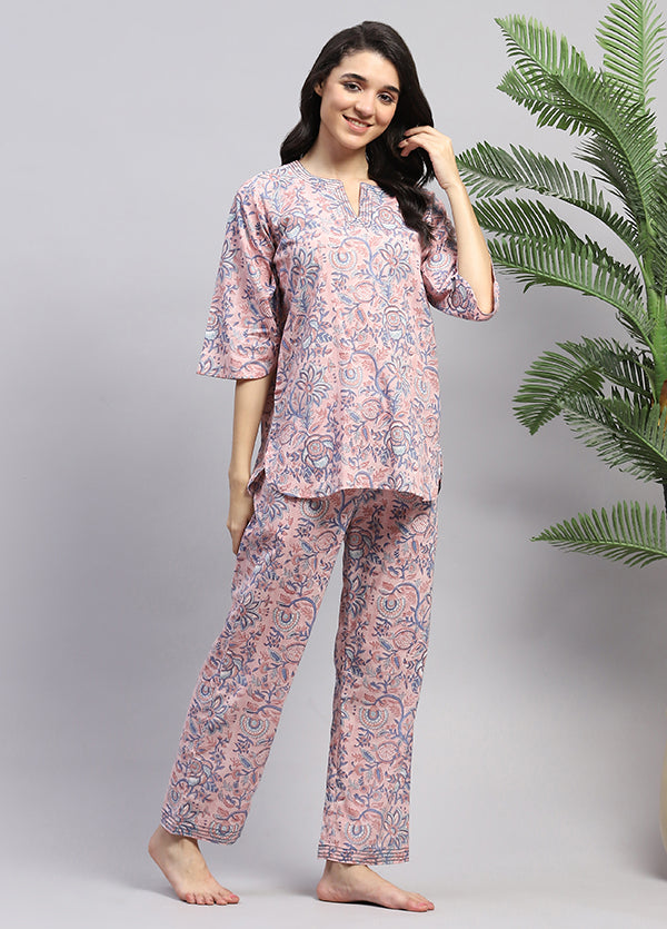 Pink Smoke Blue Floral Hand Block Printed Cotton Night Suit