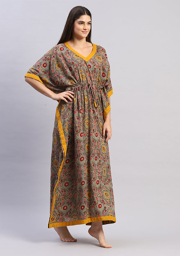 Teal Multicolor Floral Hand Block Printed Tie-Up Waist Mulmul Kaftan