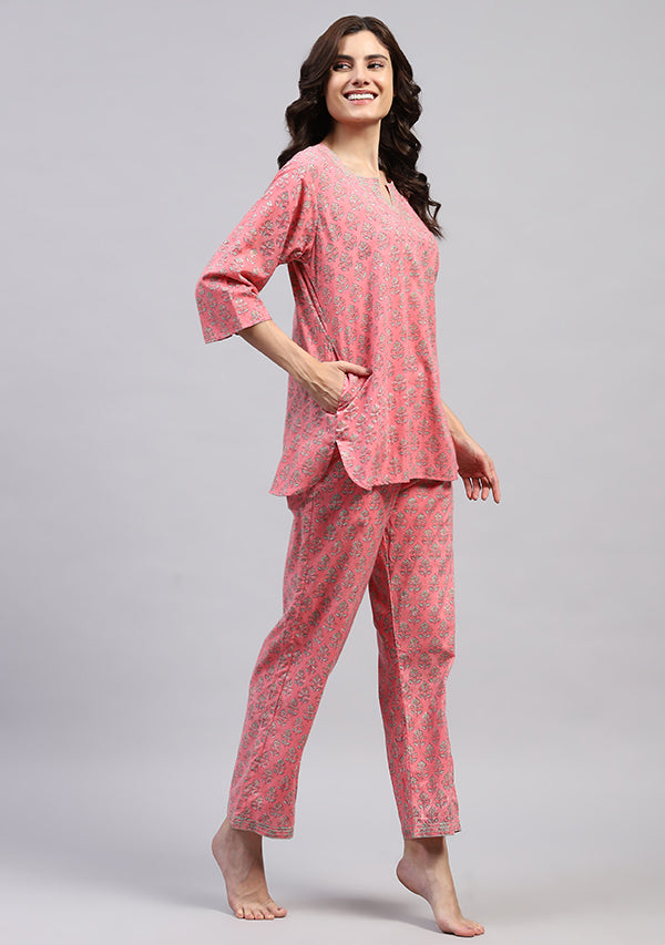 Pink Green Floral Hand Block Printed Cotton Night Suit with Trimmings