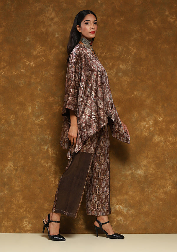 Brown Red Hand Block Printed Asymmetric Mushru Co-ord Set
