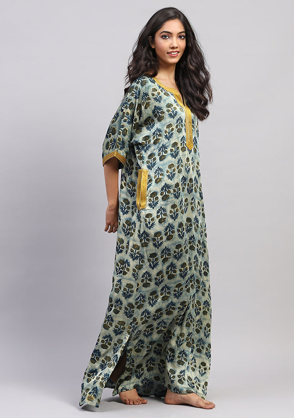 Yellow Blue  Floral Modal Luxury Nighty Kaftan with Stitch Lines