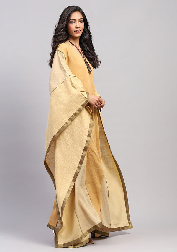 Flowy Kaftan in Earthy Colors and Bronze Tissue Trimmings