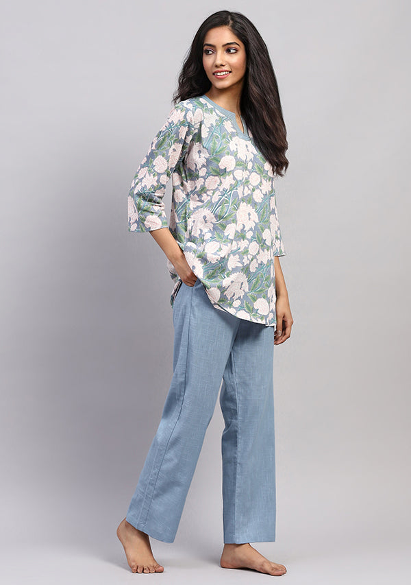 Smoke Blue Pink Hand Block Printed Floral Cotton Night Suit