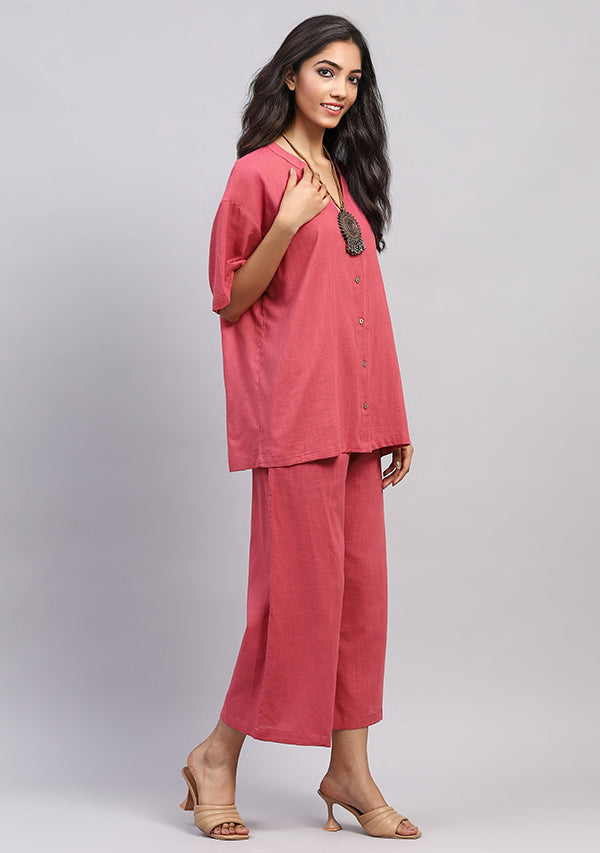 Peach Front Open Cotton Co-ord Set With Pants