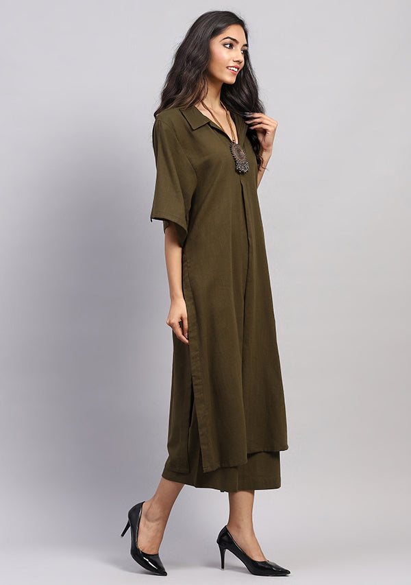 Military Green Collared Co-ord Set With Pants