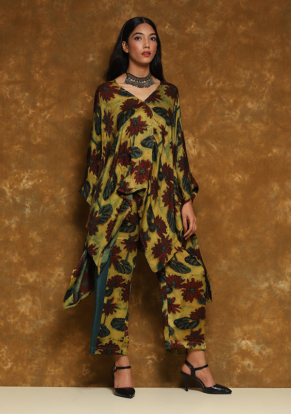 Mustard Green Hand Block Printed Asymmetric Modal Co-ord Set