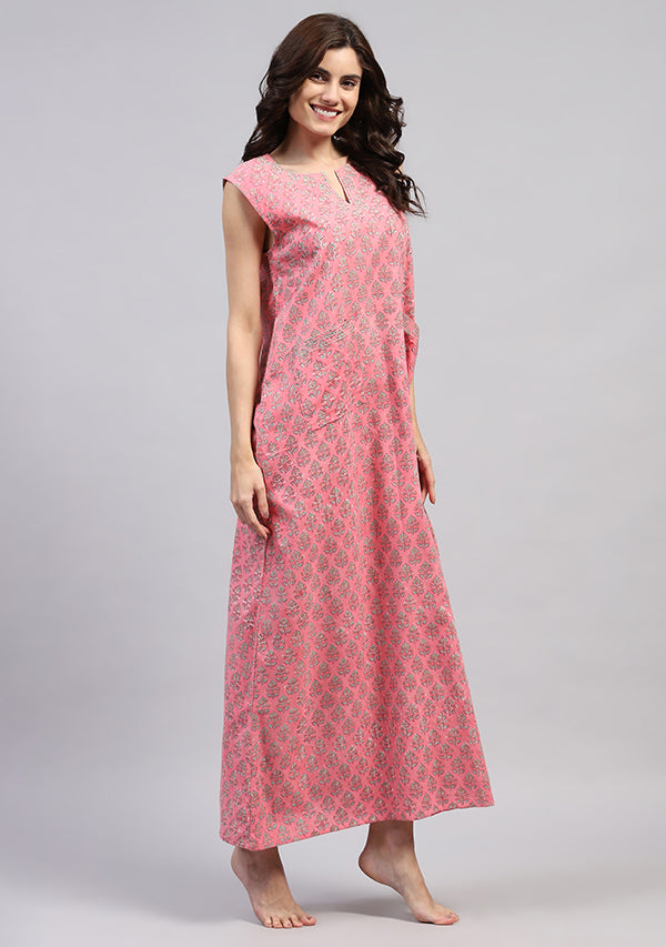 Pink Aqua Hand Block Printed Flower Motif Sleeveless Nighty with Pocket Detail