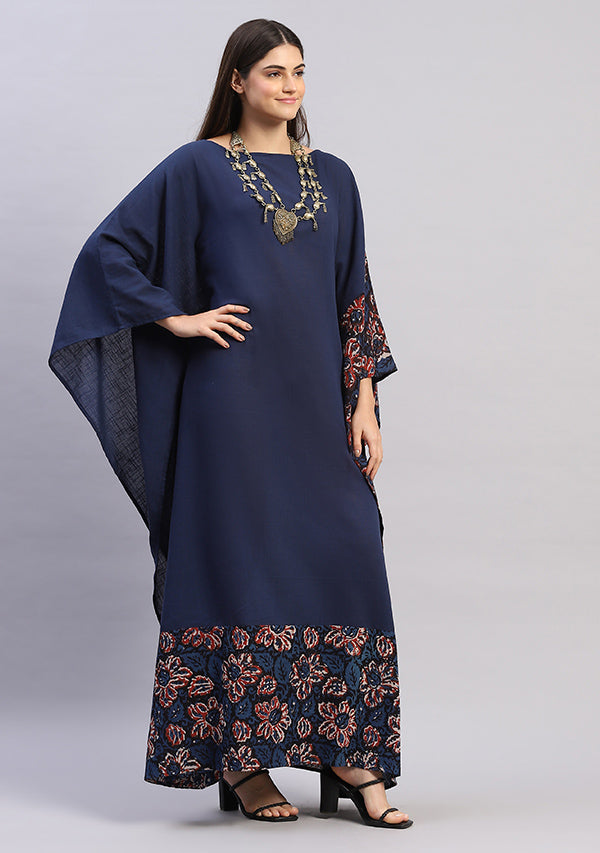 Flowy Navy Blue Cotton Kaftan with Hand Block Printed Detail