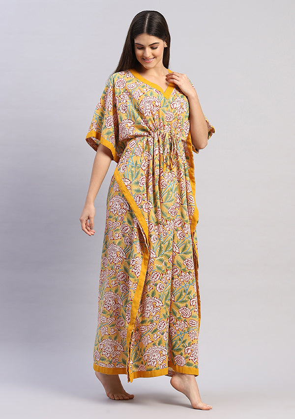 Yellow Maroon Floral Hand Block Printed Tie-Up Waist Cotton Kaftan