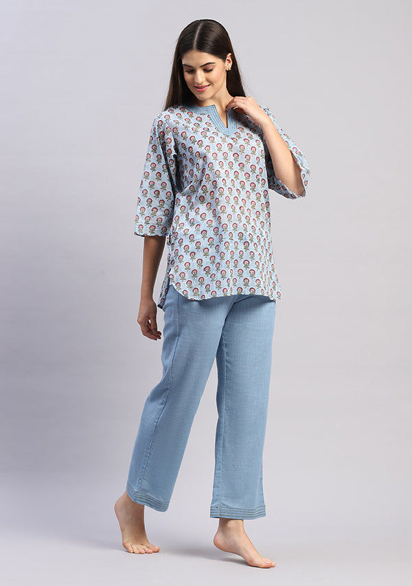 Smoke Blue Maroon Floral Hand Block Printed Cotton Night Suit