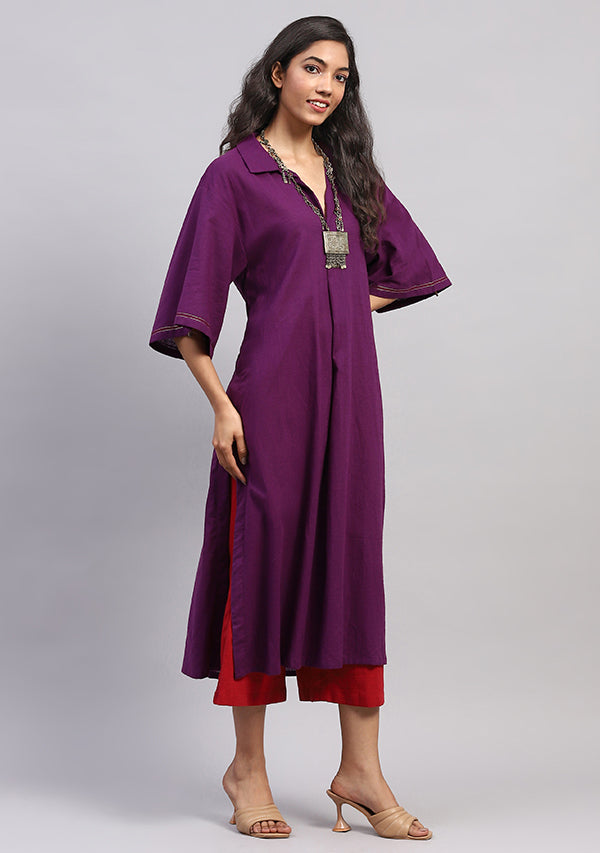 Mauve Collared Co-ord Set  with Contrast Red Pants