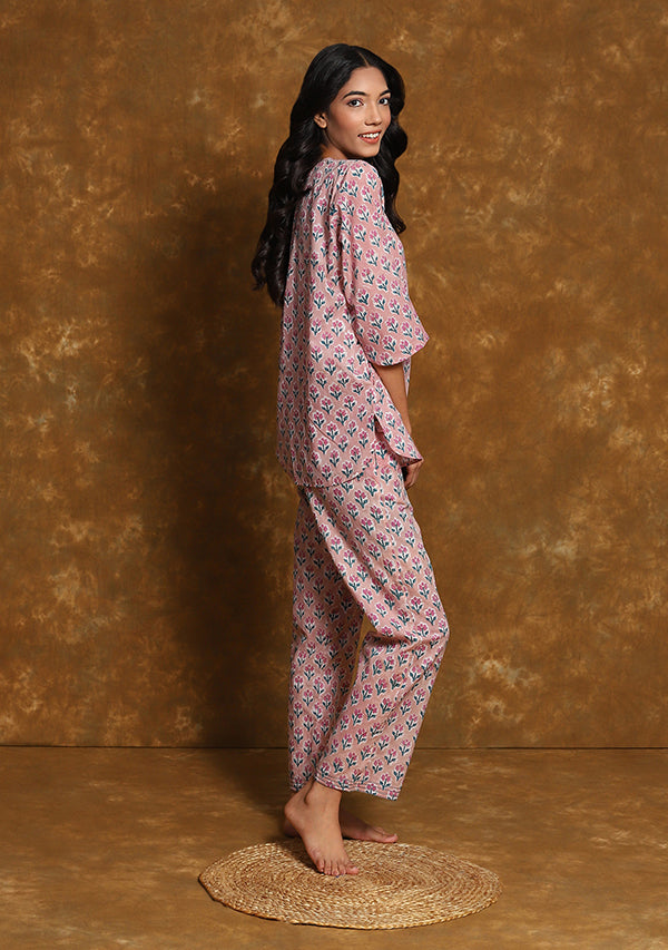 Pink Flower Motif Hand Block Printed Cotton Night Suit with Silver Trimmings