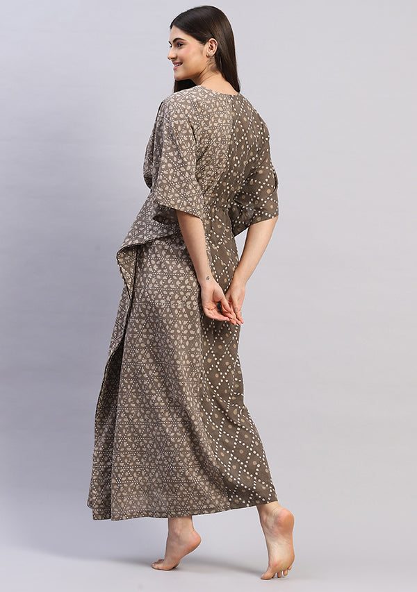 Grey Beige Hand Block Printed Tie-Up Waist Cotton Kaftan
