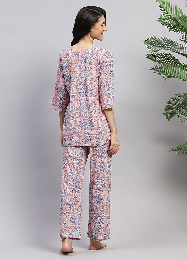 Pink Smoke Blue Floral Hand Block Printed Cotton Night Suit
