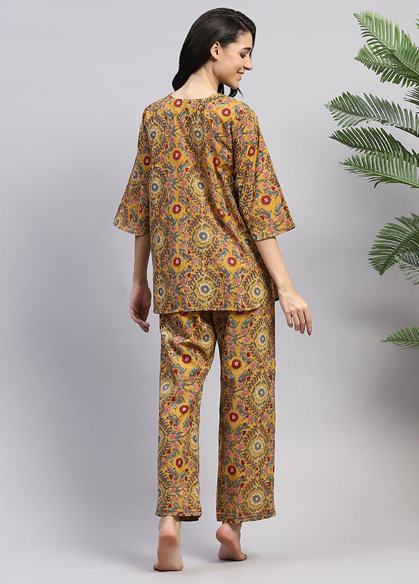 Mustard Multicolour Floral Hand Block Printed Cotton Night Suit