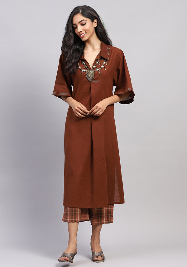 Chocolate Brown Collared Co-ord Set Paired With Check Pants