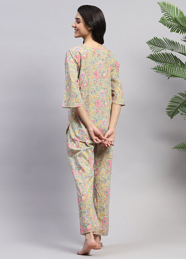 Soft Green Pink Floral Hand Block Printed Cotton Night Suit