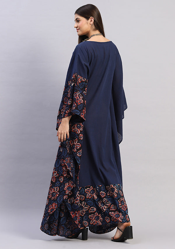 Flowy Navy Blue Cotton Kaftan with Hand Block Printed Detail