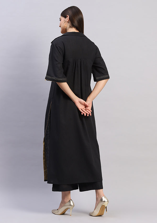 Black Collared Co-ord Set with Bronze Trimmings Paired With Pants