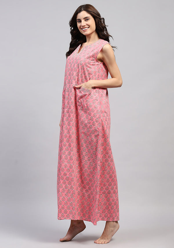Pink Aqua Hand Block Printed Flower Motif Sleeveless Nighty with Pocket Detail