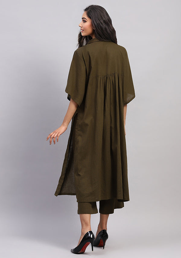 Military Green Collared Co-ord Set With Pants