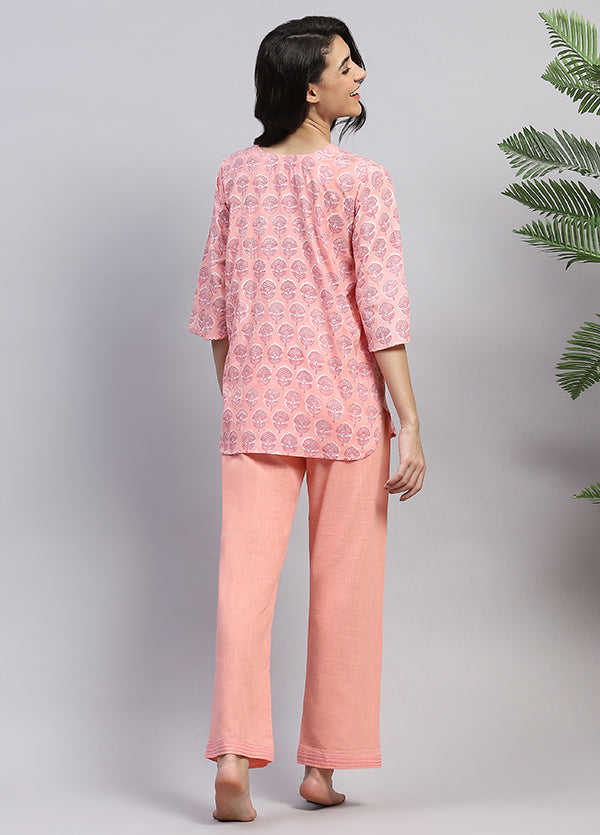 Peach Pink Floral Hand Block Printed Cotton Night Suit