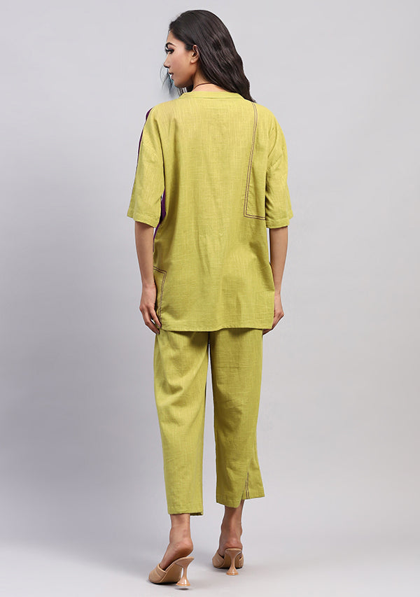 Olive Green Mauve Front Open Cotton Co-ord Set  with Pants