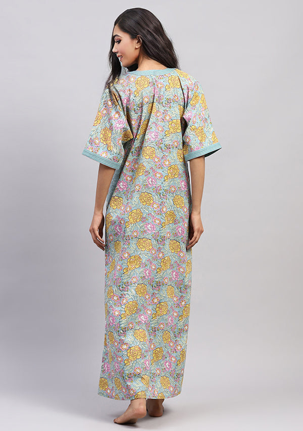 Aqua Yellow Hand Block Printed Floral Nighty Kaftan with Contrast Stitch Lines