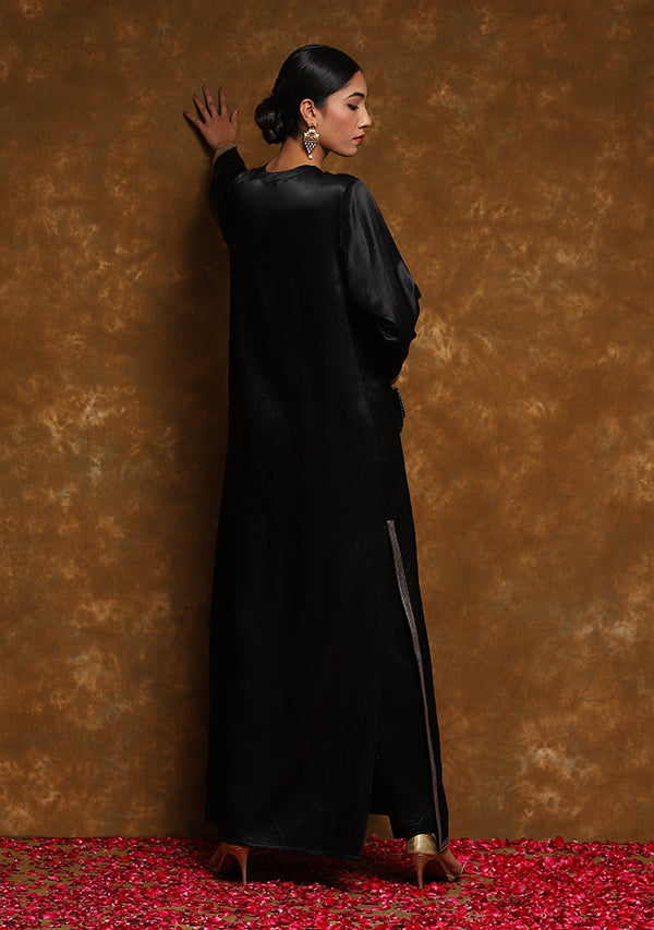 Black Long Mushru Kurta with Gold Trimmings (TOP ONLY)