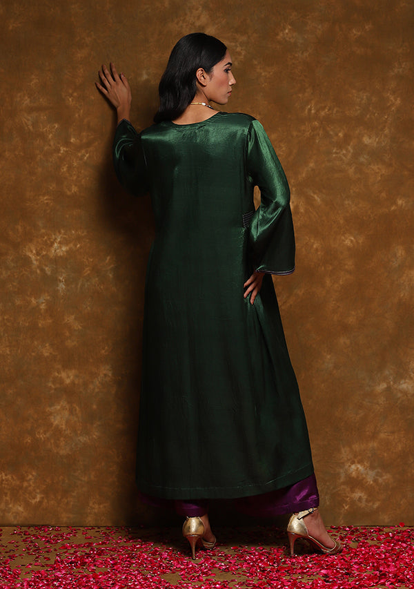 Green Mushru Kurta with Gold Trimmings (Top Only)
